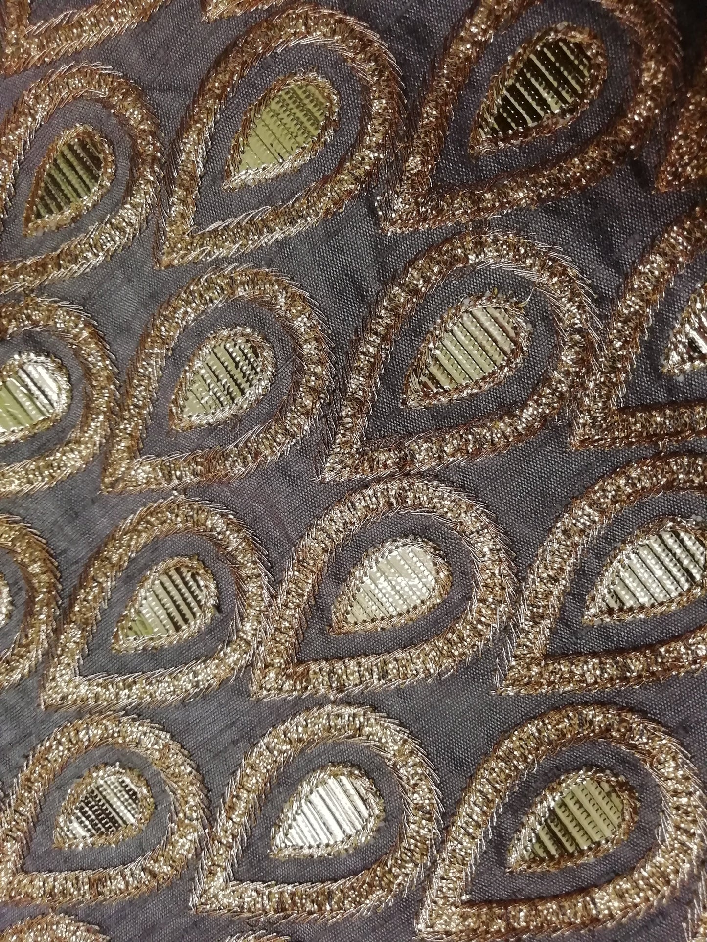 Grey/Copper gota work Heavy embroidered silk  fabric - STUDIO PEHEL
