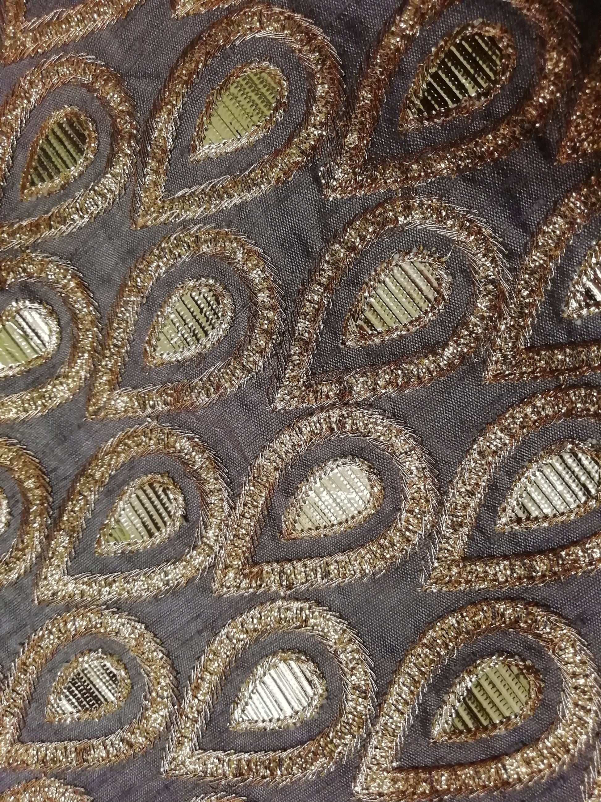 Grey/Copper gota work Heavy embroidered silk  fabric - STUDIO PEHEL