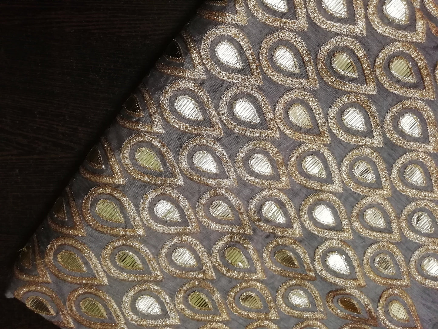Grey/Copper gota work Heavy embroidered silk  fabric - STUDIO PEHEL