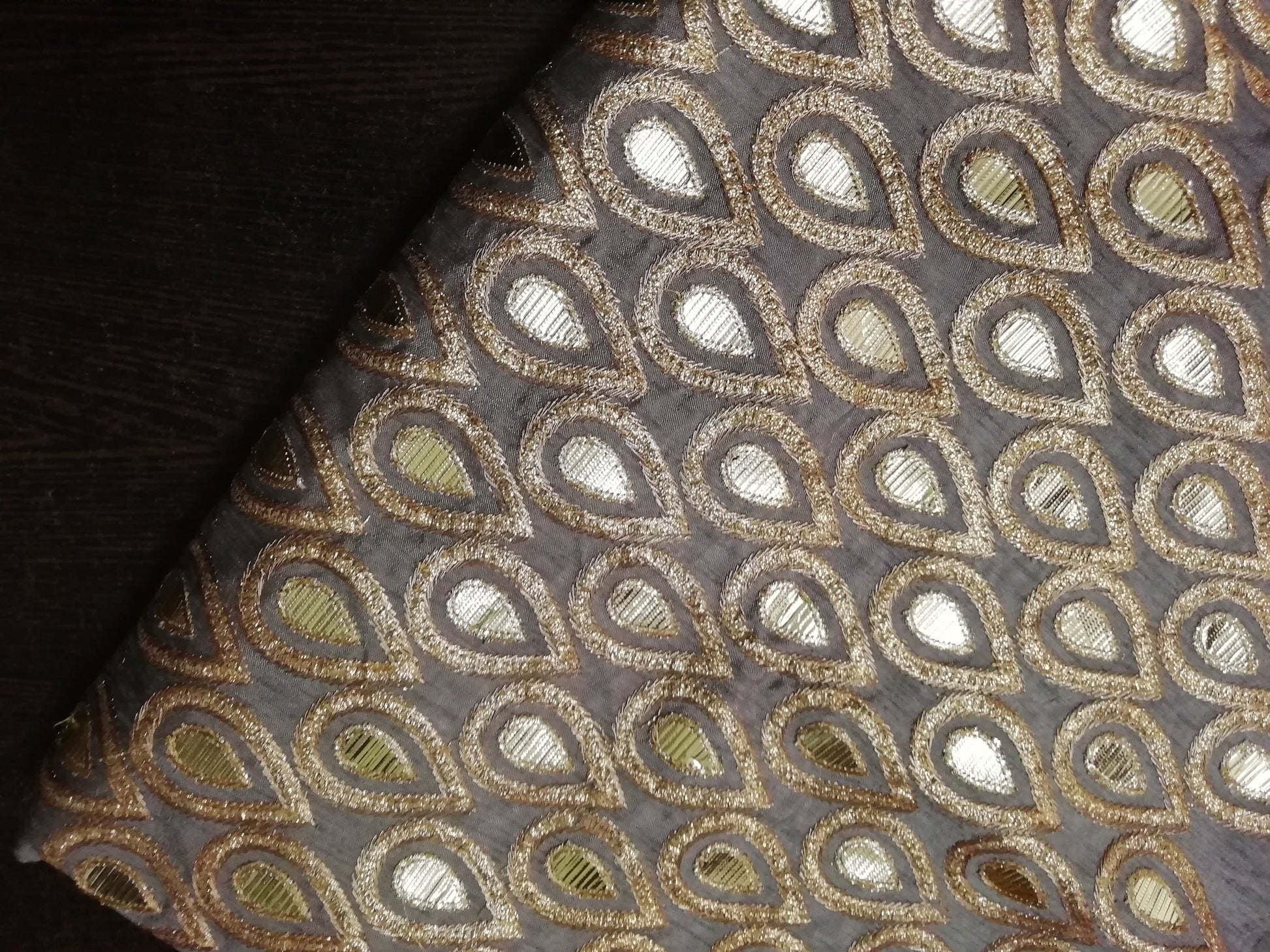 Grey/Copper gota work Heavy embroidered silk  fabric - STUDIO PEHEL