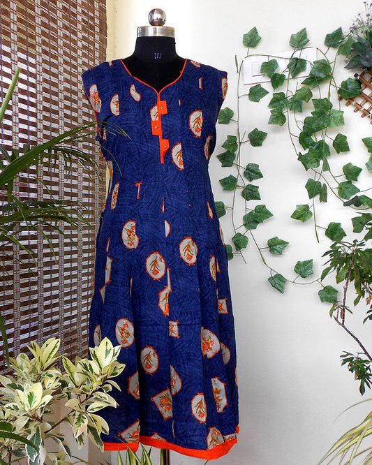 Aastha Blue orange pannelled cotton kurti - STUDIO PEHEL
