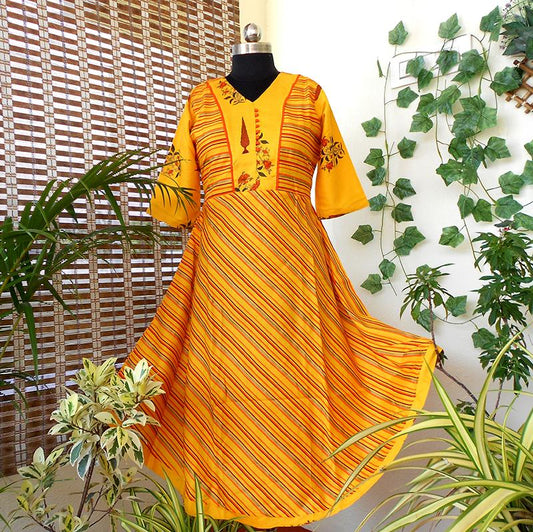Anya yellow striped fit flare kurti - STUDIO PEHEL