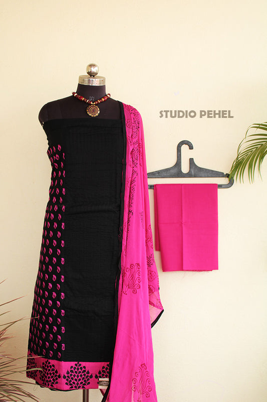 Black & pink Asymmetrical Worked Salwar Set