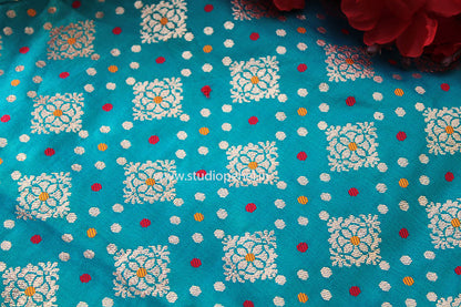 Brocade Fabric - Teal blue & red polka
