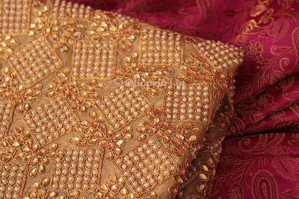 Gold kundan embroidered tissue fabric