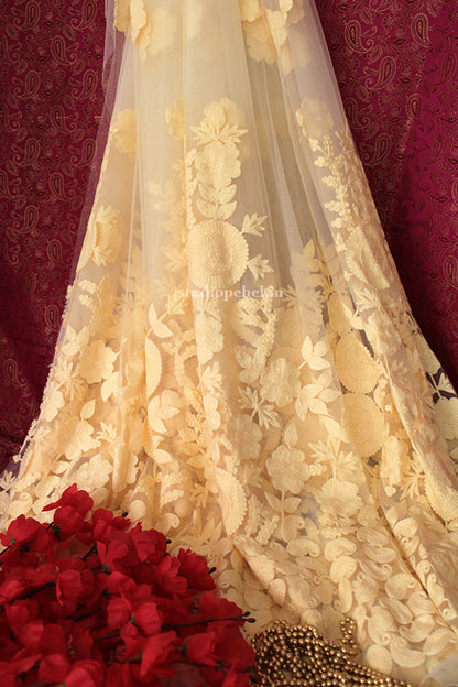 Ivory phulkari floral net fabric