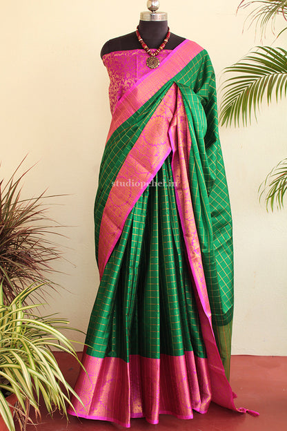 Green & pink silk blend checked saree
