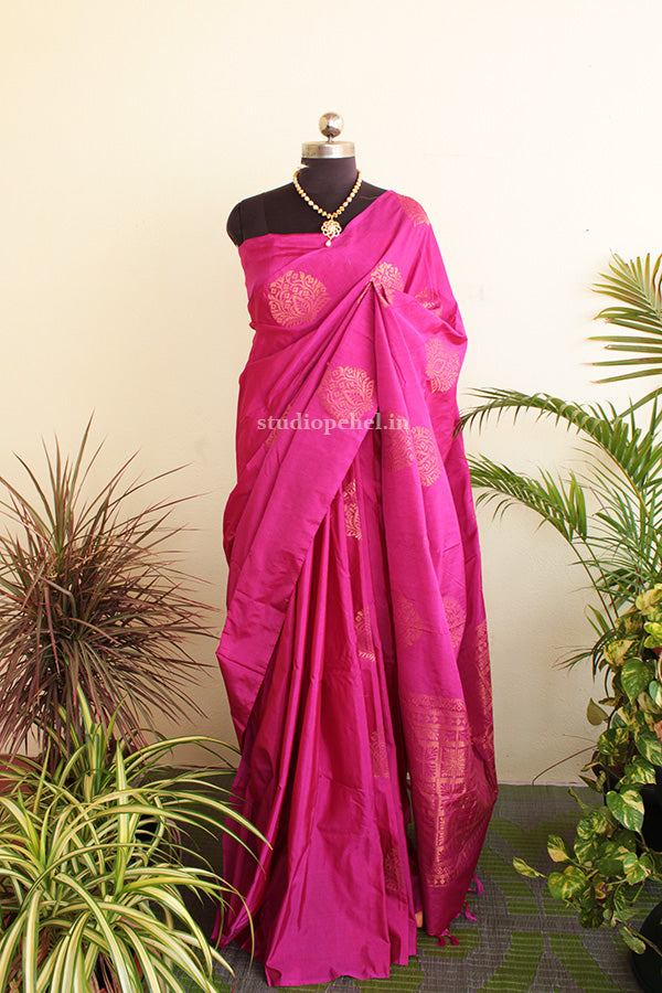 Ruby Pink Soft Silk Saree with Floral Pattern