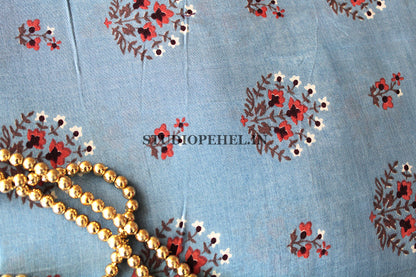 Muslin silk fabric - Baby blue floral