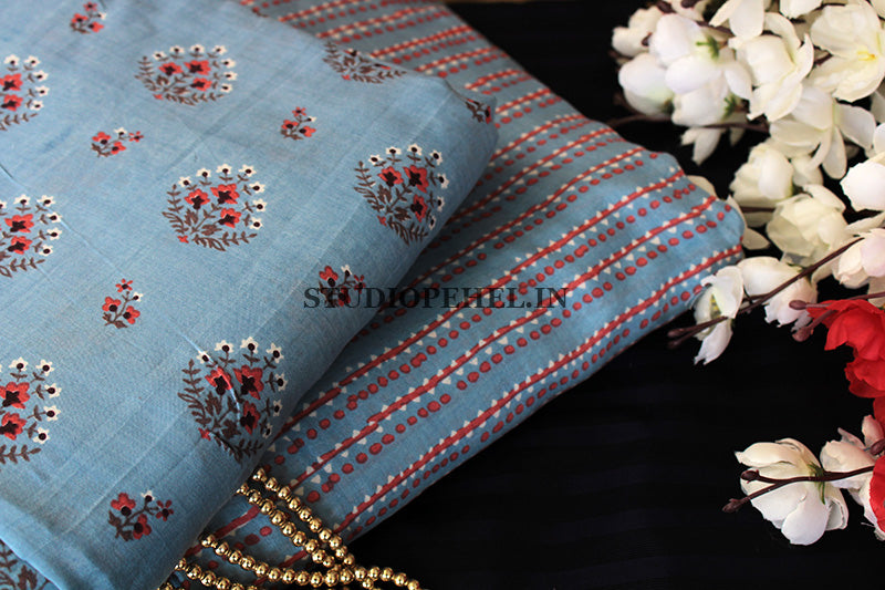 Muslin silk fabric - Baby blue floral