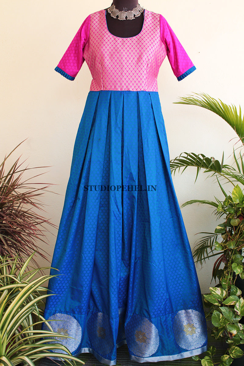 Buy Bunaai Blue Handblock Printed Cotton Floral Dress For Women Online