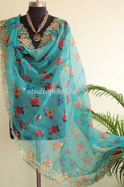 Exclusive Embroidered Dupattas- Teal Rush