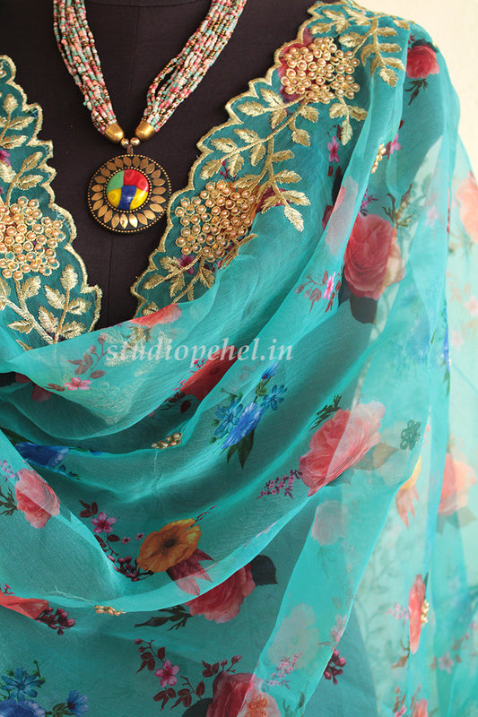 Exclusive Embroidered Dupattas- Teal Rush