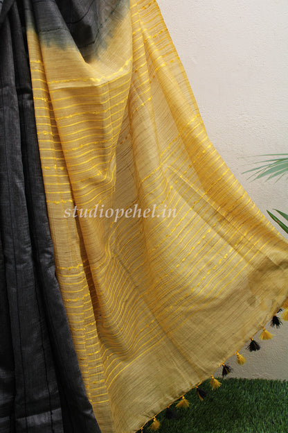 Bhagalpuri Sarees - Grey & lime yellow Melange
