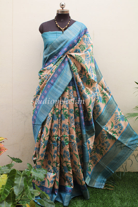 Floral Tussar Sarees - Baby Blue