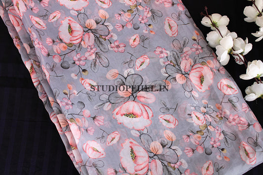 Grey Peach Floral  Fabric