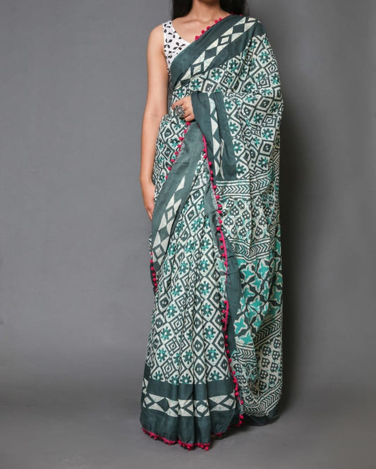 Naira soft cotton sarees-Teal & beige