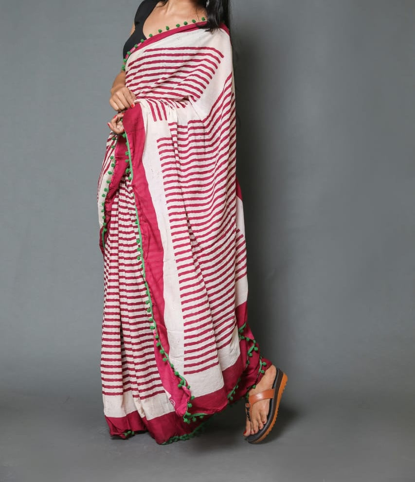 Naira soft cotton sarees-Stripy red