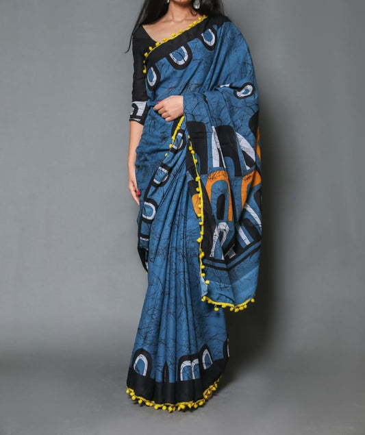 Naira soft cotton sarees-midnight blue & black