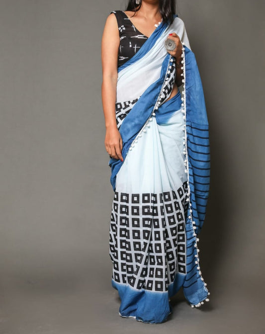 Naira soft cotton sarees-ajanta blue & black squares