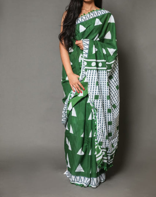 Naira soft cotton sarees-bottle green traingle