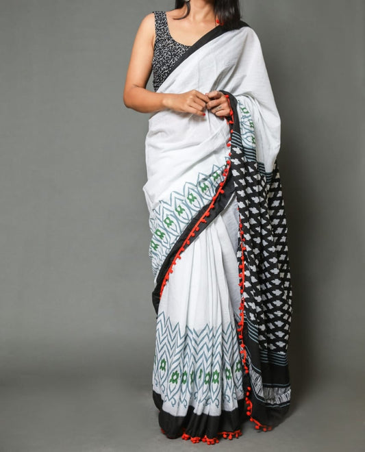 Naira soft cotton sarees- White & green