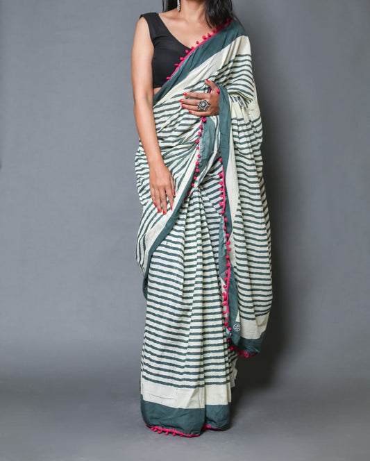 Naira soft cotton sarees-stripy green