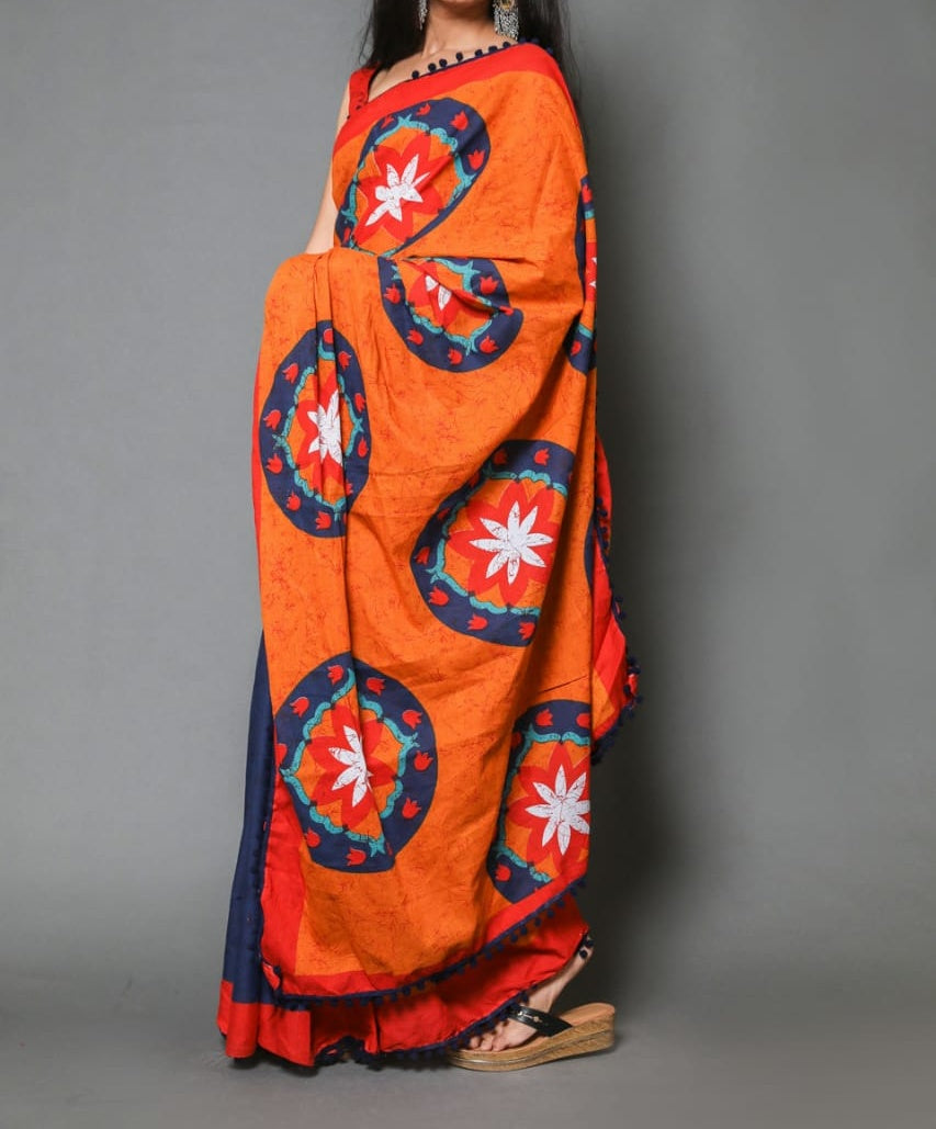 Naira soft cotton sarees-Blue & Orange