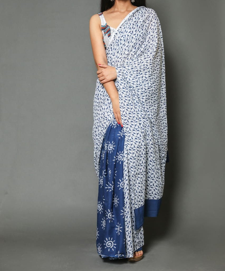 Naira soft cotton sarees-White floral with blue