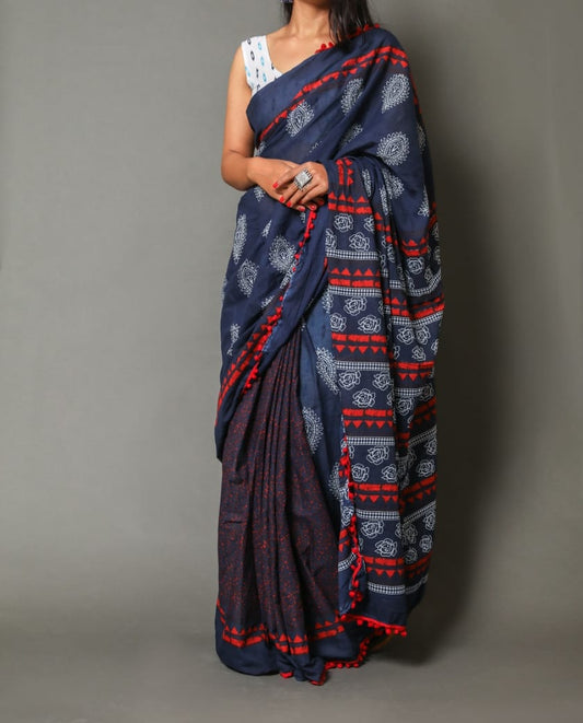 Naira soft cotton sarees- Tribal print blue