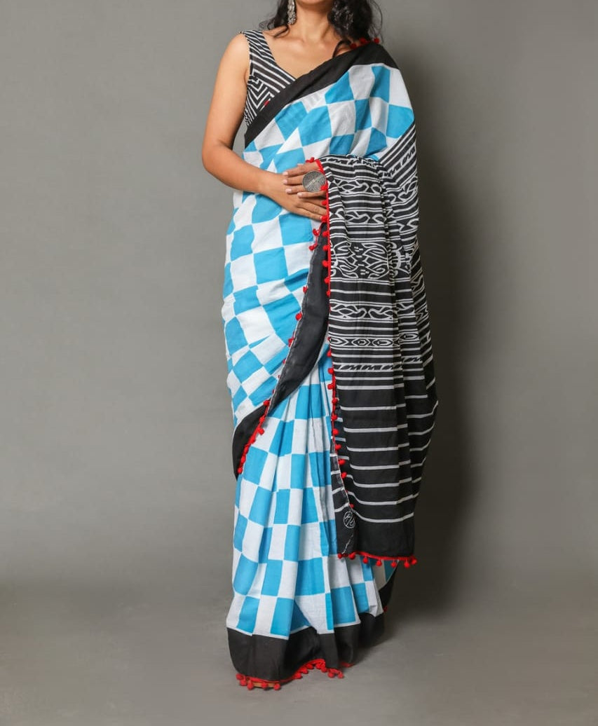 Naira soft cotton sarees- skyblue checkered