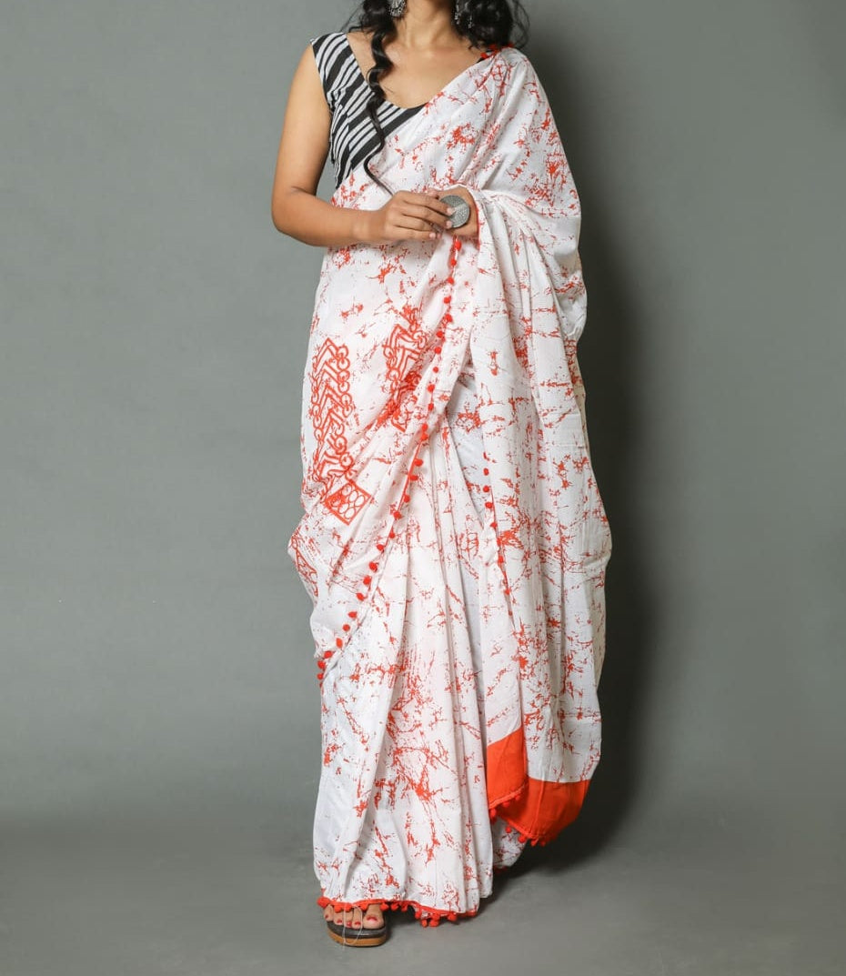 Naira soft cotton sarees- white & orange