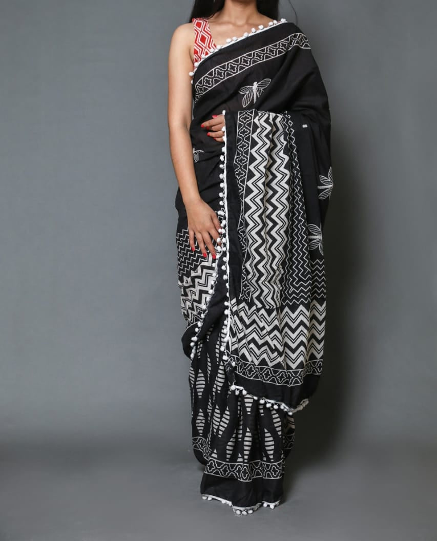 Naira soft cotton sarees- black butterfly
