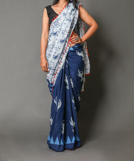 Naira soft cotton sarees- white & indigo semi