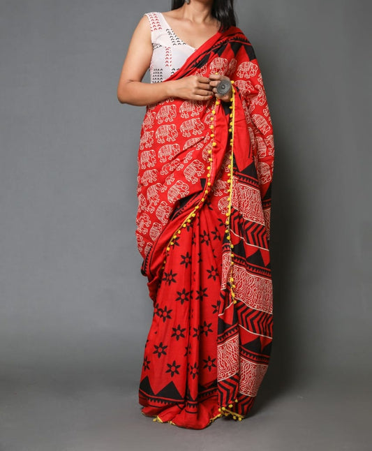 Naira soft cotton sarees- brick red dual pattern