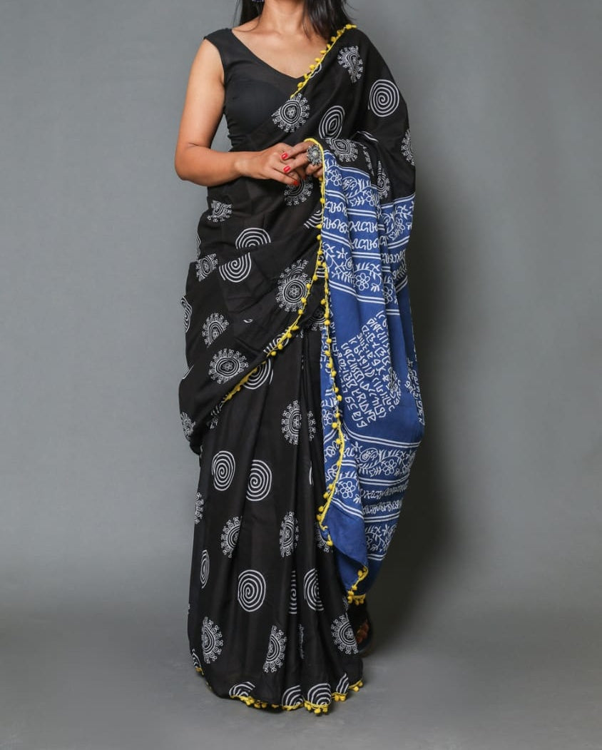 Naira soft cotton sarees- black mandala