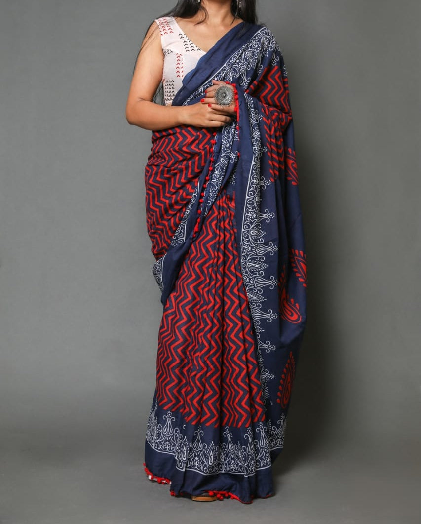 Naira soft cotton sarees- red & blue wavy