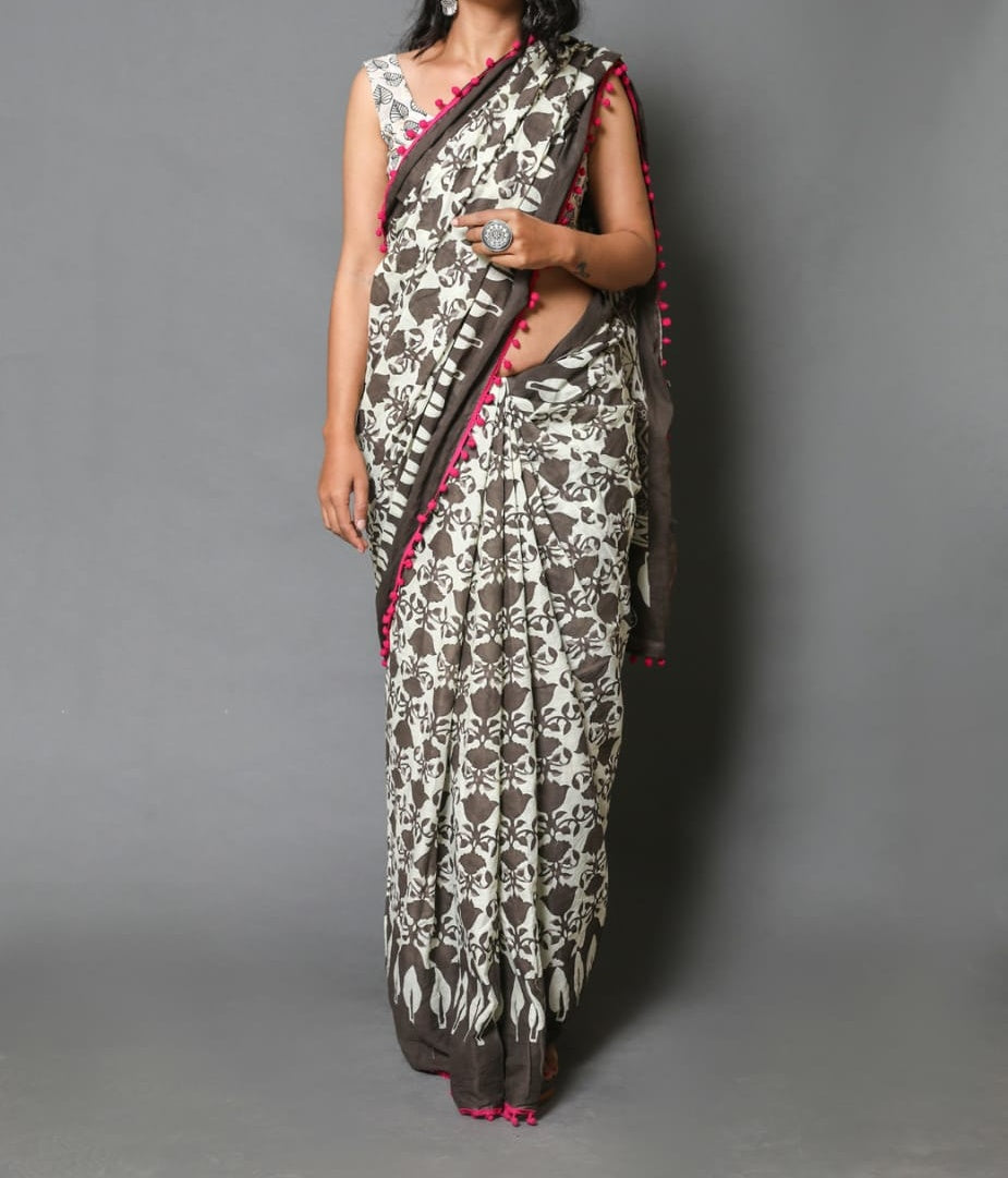 Naira soft cotton sarees- ash ajrakh
