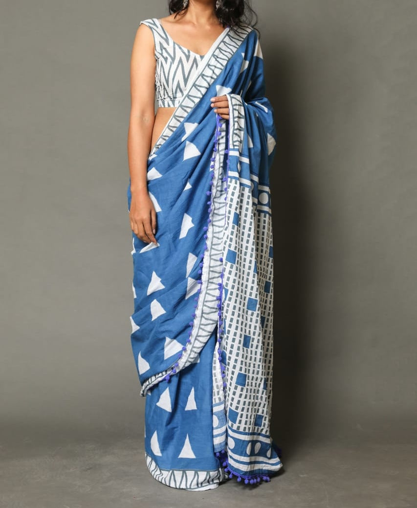 Naira soft cotton sarees- blue triangle