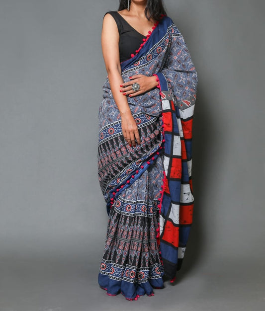 Naira soft cotton sarees- blue ajrak printed