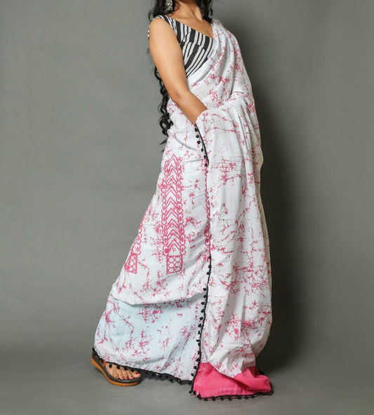 Naira soft cotton sarees - white & pink shibory