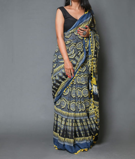 Naira soft cotton sarees - yellow & grey mandala print