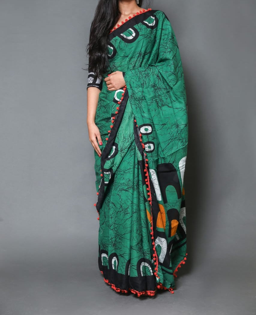 Naira soft cotton sarees - green & black shibori