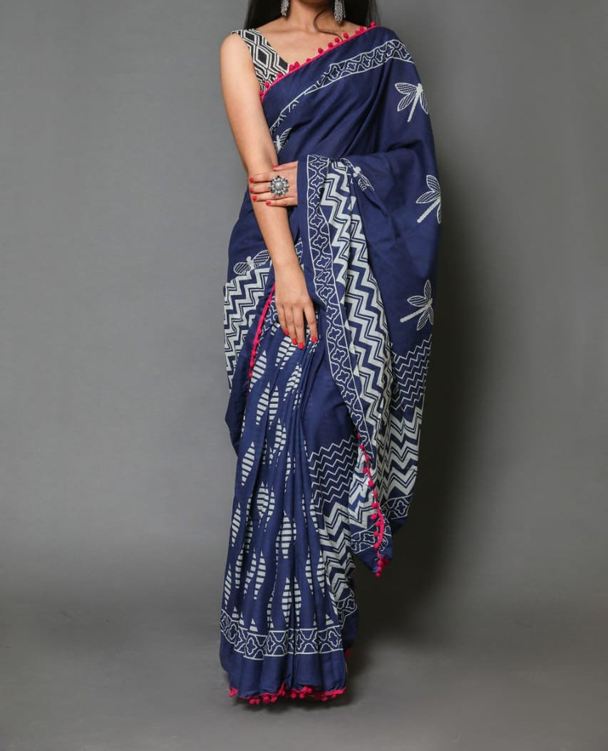 Naira soft cotton sarees - indigo tribal print