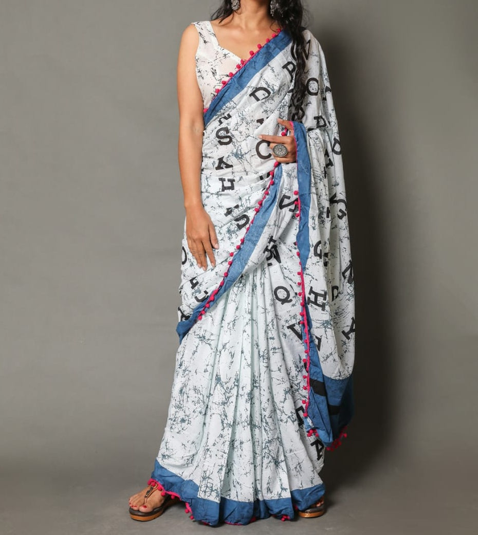 Naira soft cotton sarees - alphabet white & blue shibori