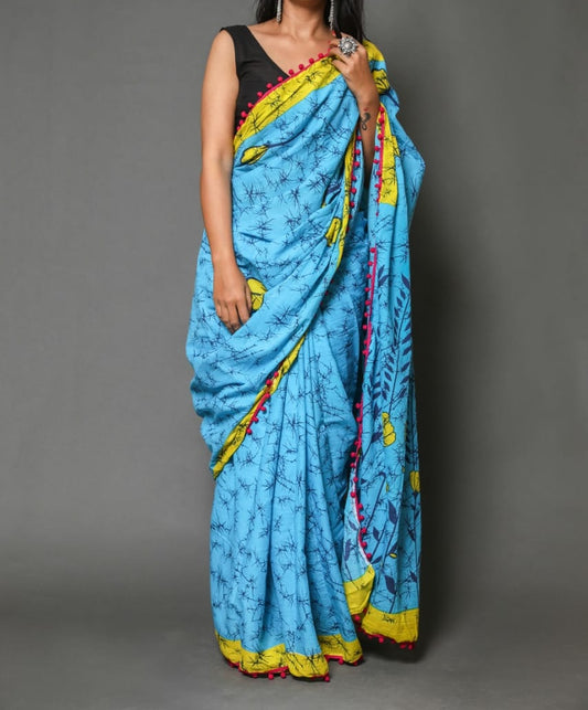 Naira soft cotton sarees-Sea blue & yellow