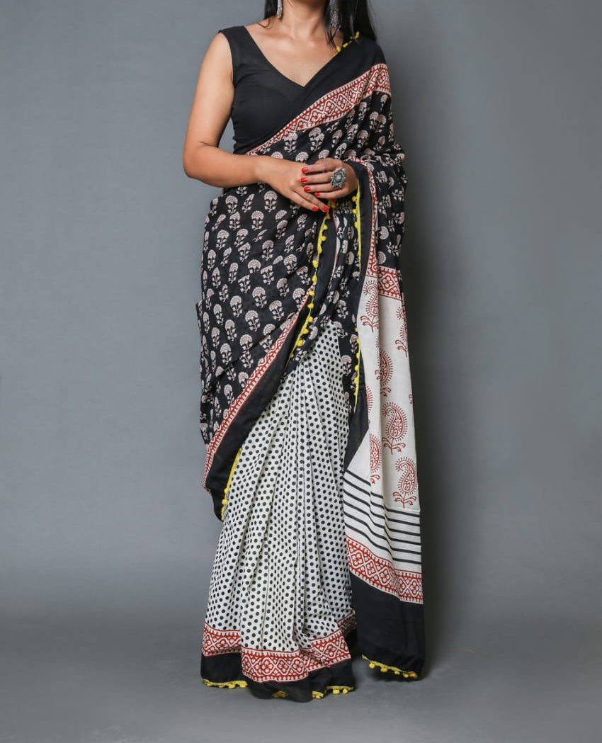 Naira soft cotton sarees-black & polka dual