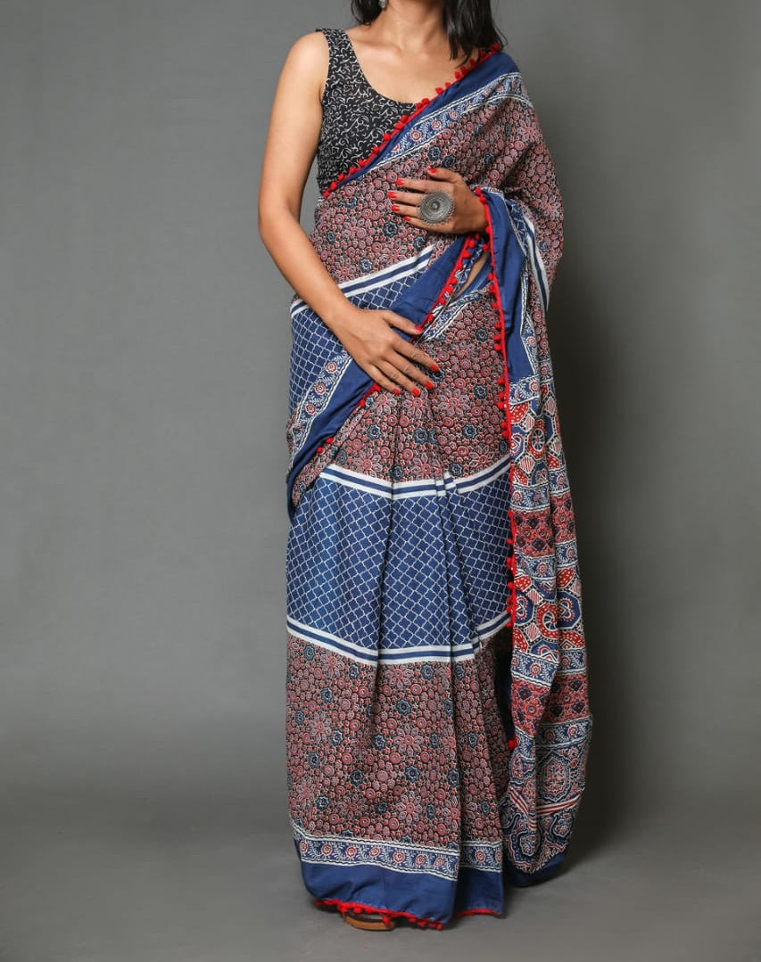 Naira soft cotton sarees- ajrakh blue & red