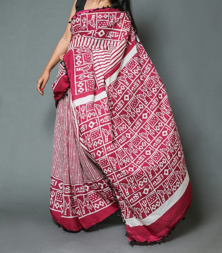 Naira soft cotton sarees- tribal dark plum stripes