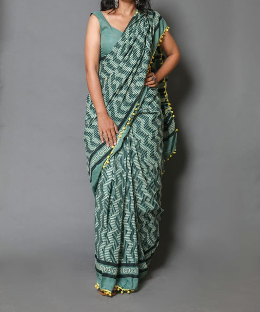 Naira soft cotton sarees- vertical stripes bottle green